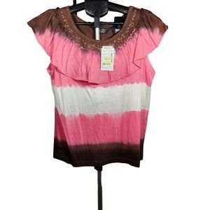 Take Two Casual Pink Brown and Cream Pull Over Top with Round Neck. NEW